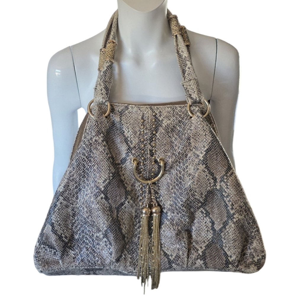 Lionel Snakeskin Patterned Tote Bag With Gold Accents And Mettalic Tassels